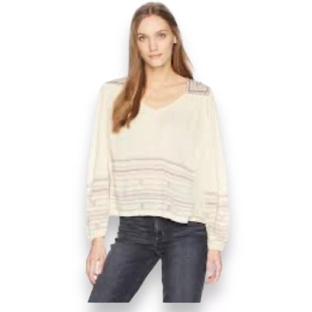 Lucky Brand Embroidered Boho Peasant Blouse Beige Pink Long Sleeve Size S